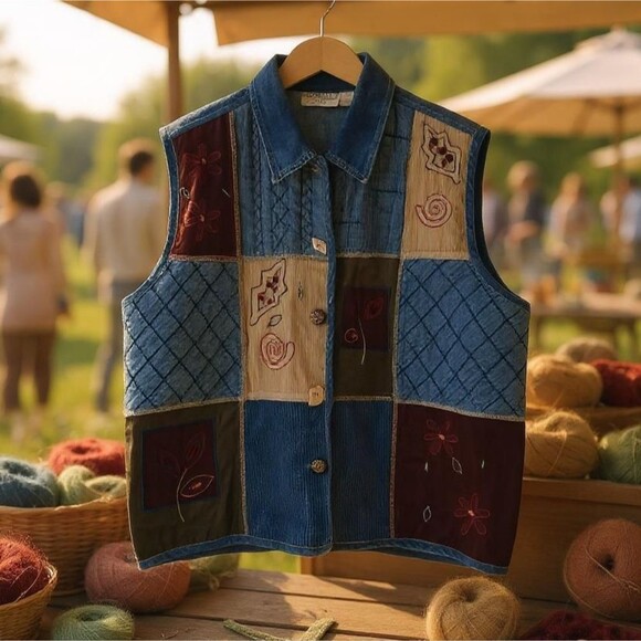 Vintage 90's Y2K Dress Barn Patchwork Fabric Denim Vest Embroidery Button Up 2X - Picture 8 of 8